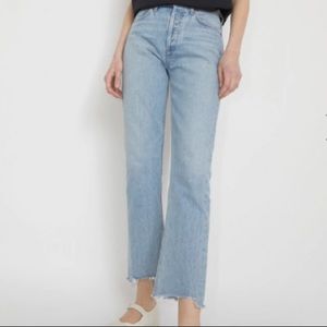 6 Denim High Rise Straight Leg Jeans Raw Hem Pale Blue Size XS